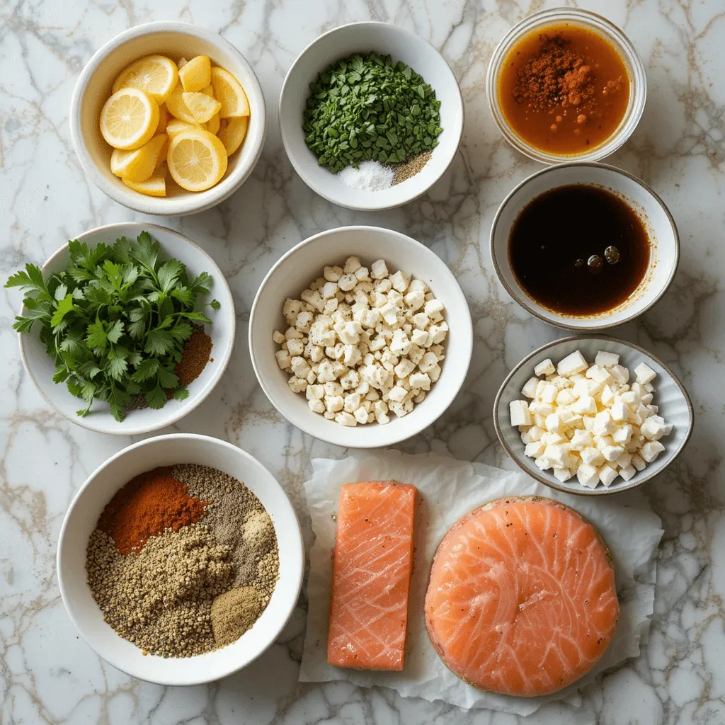 Variety of seasonings and ingredients for salmon burgers, including lemon, fresh herbs, Cajun spices, soy sauce, sesame oil, and feta cheese.