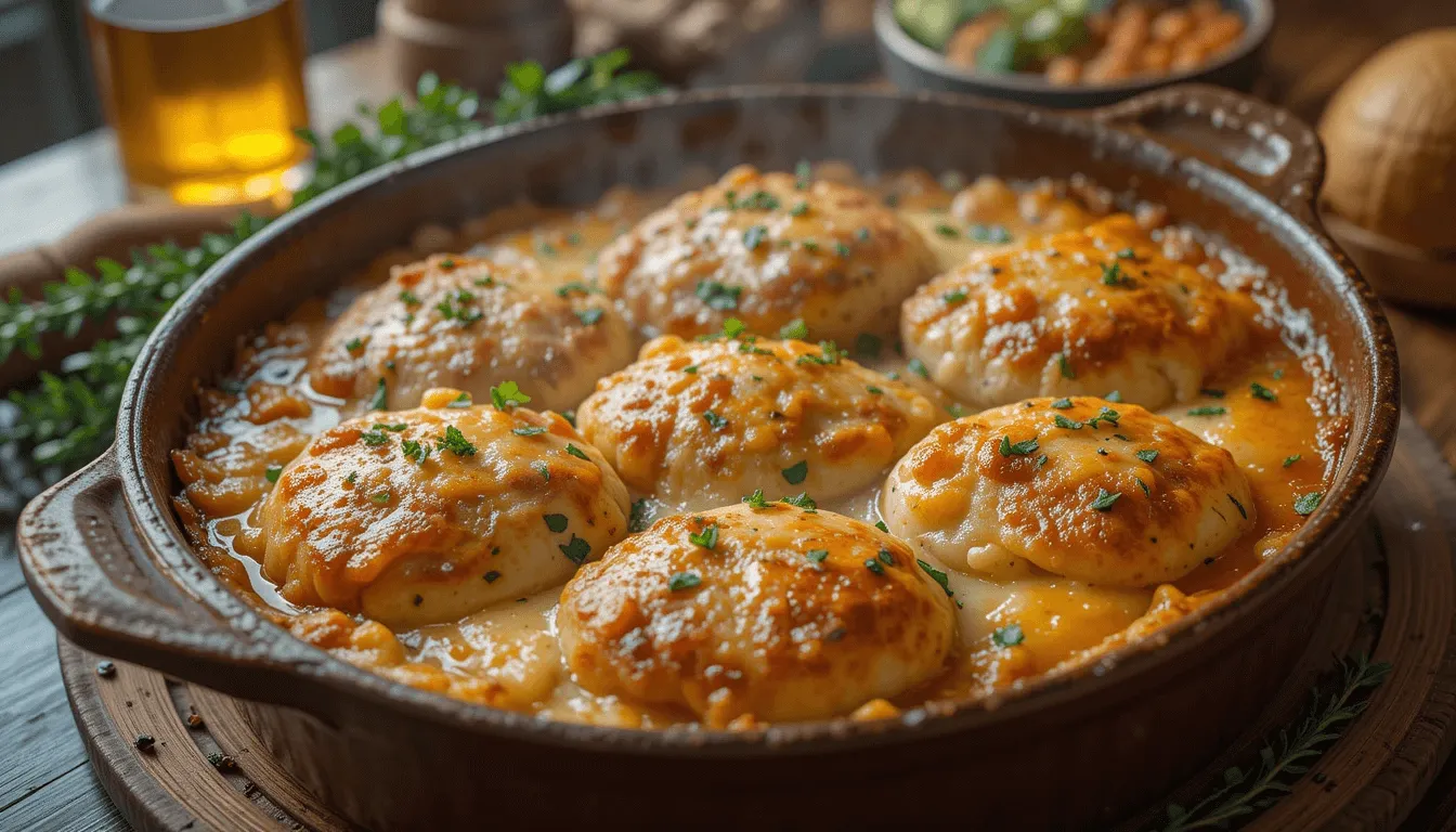 A golden-brown boneless skinless chicken thigh casserole in a rustic dish, surrounded by fresh herbs on a wooden table with warm lighting.