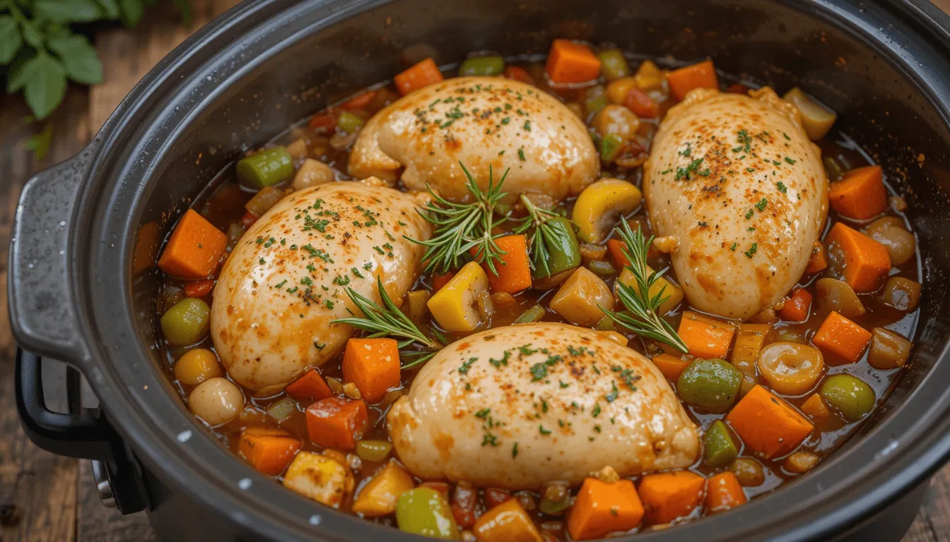 Slow-cooked chicken breast served with roasted vegetables and garnished with fresh herbs, presented on a rustic wooden table.