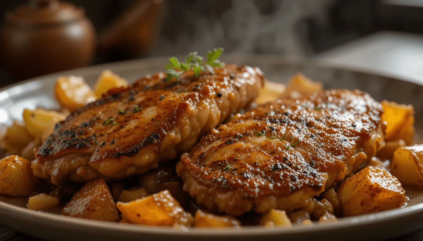 Slow cooker filled with tender chicken breasts and golden potatoes, garnished with fresh rosemary and thyme, with steam rising in a cozy kitchen setting.