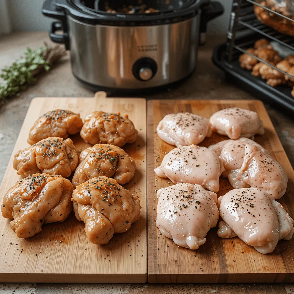 Bone-in and boneless chicken thighs side by side, showcasing their texture differences for slow cooker and quick oven dishes.