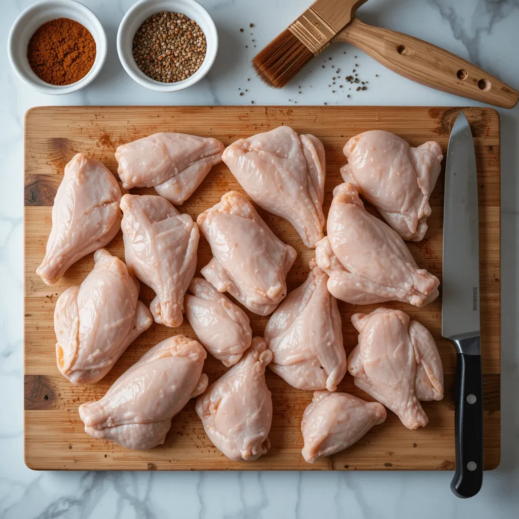 Fresh chicken wings on a wooden cutting board, prepared for baking with seasoning and marinade options.