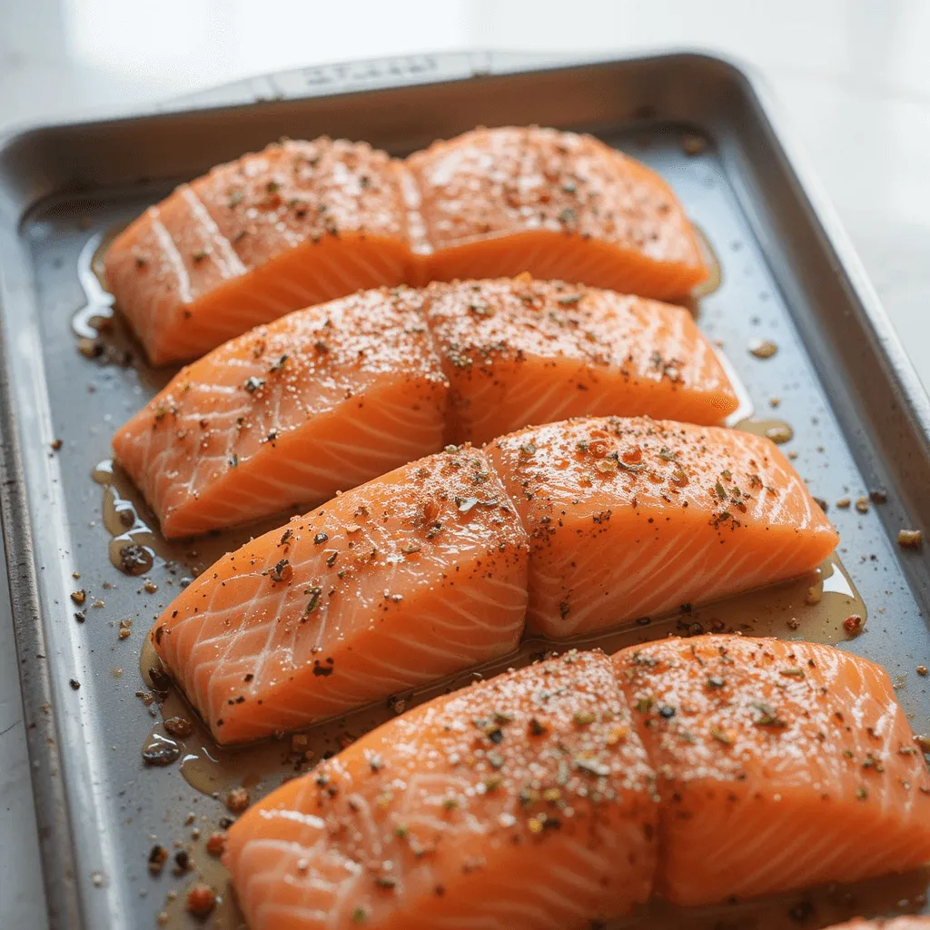 Close-up of fresh Atlantic, Pacific, and wild-caught salmon fillets on a wooden table, highlighting their texture and quality for oven cooking.