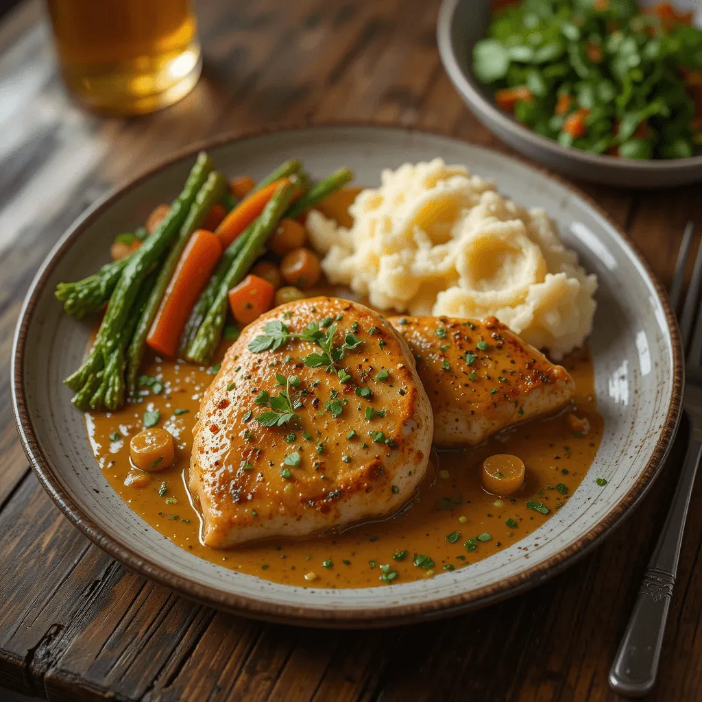 Creamy garlic chicken breast slow-cooked to perfection, served with mashed potatoes and garnished with herbs.