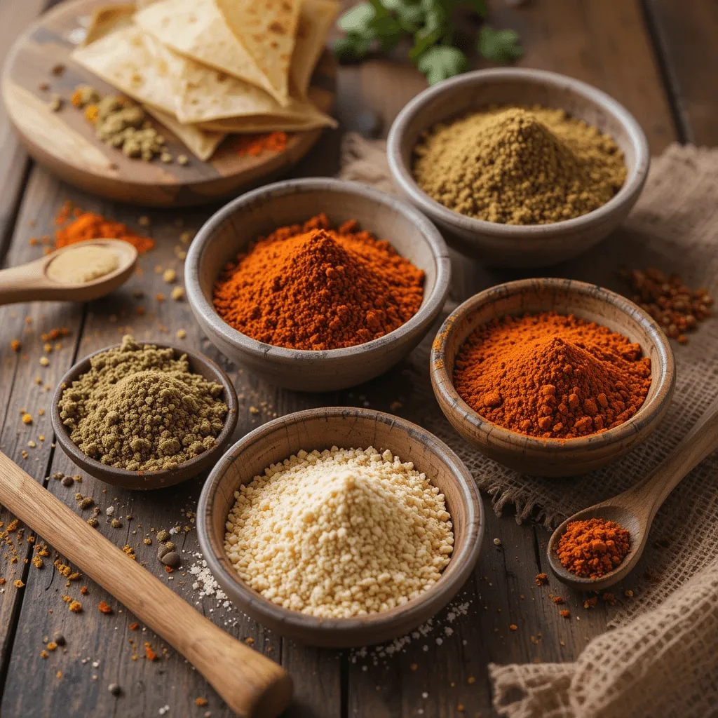 Classic Mexican seasonings like cumin, chili powder, garlic powder, and paprika arranged on a wooden table.