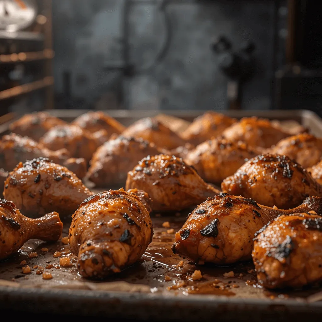 A baking sheet with chicken drumsticks, showcasing both overcooked and perfectly baked pieces, highlighting common cooking mistakes.