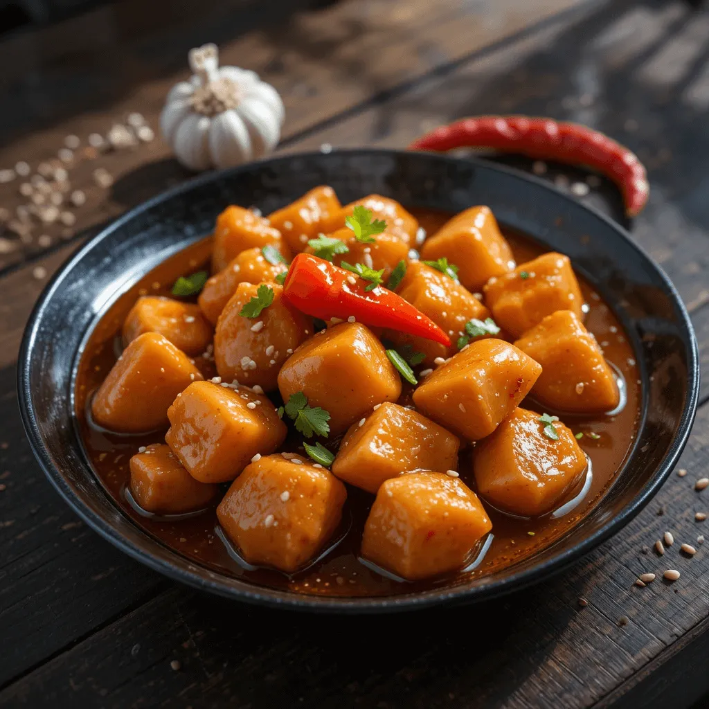 A saucepan with sweet and sour sauce being stirred, with ingredients like sugar and vinegar nearby to adjust flavor and consistency.