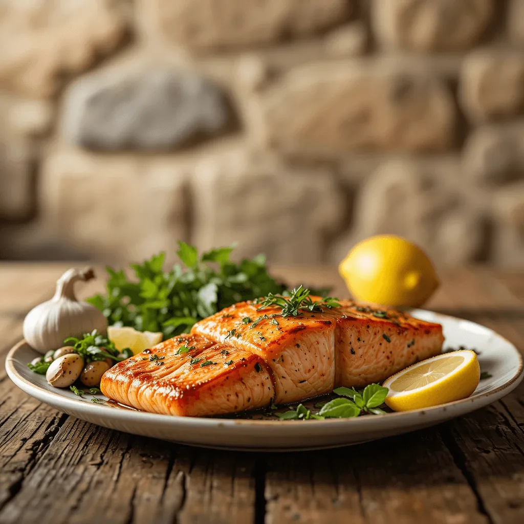 Succulent Tuscan salmon fillet with garlic, fresh herbs, and lemon slices, set on a rustic wooden table in a cozy, rustic Tuscan villa atmosphere.