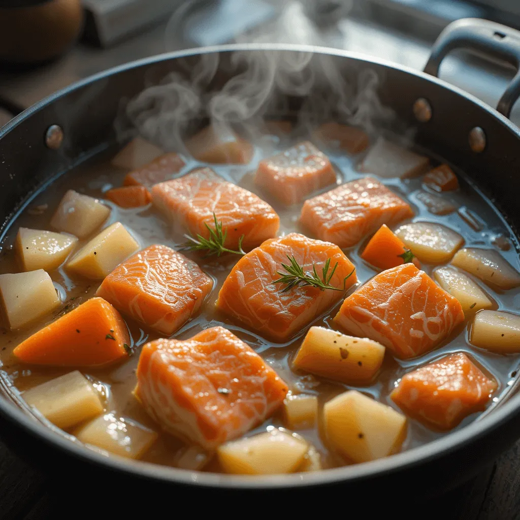 Common mistakes in making Finnish salmon soup: overcooked salmon and mushy veggies vs. perfect salmon with fresh ingredients and proper seasoning adjustments.