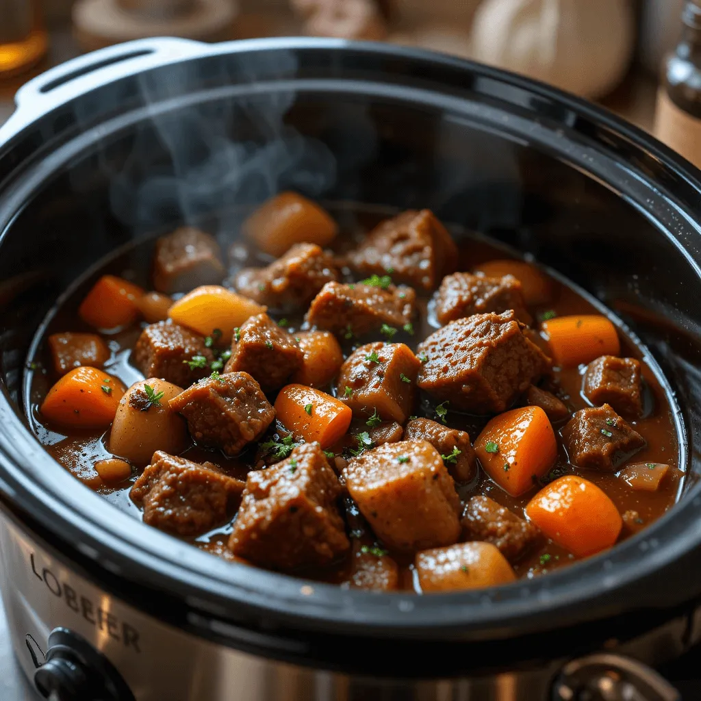 Slow cooker beef bourguignon with overcooked meat and mushy vegetables, showing common cooking mistakes.