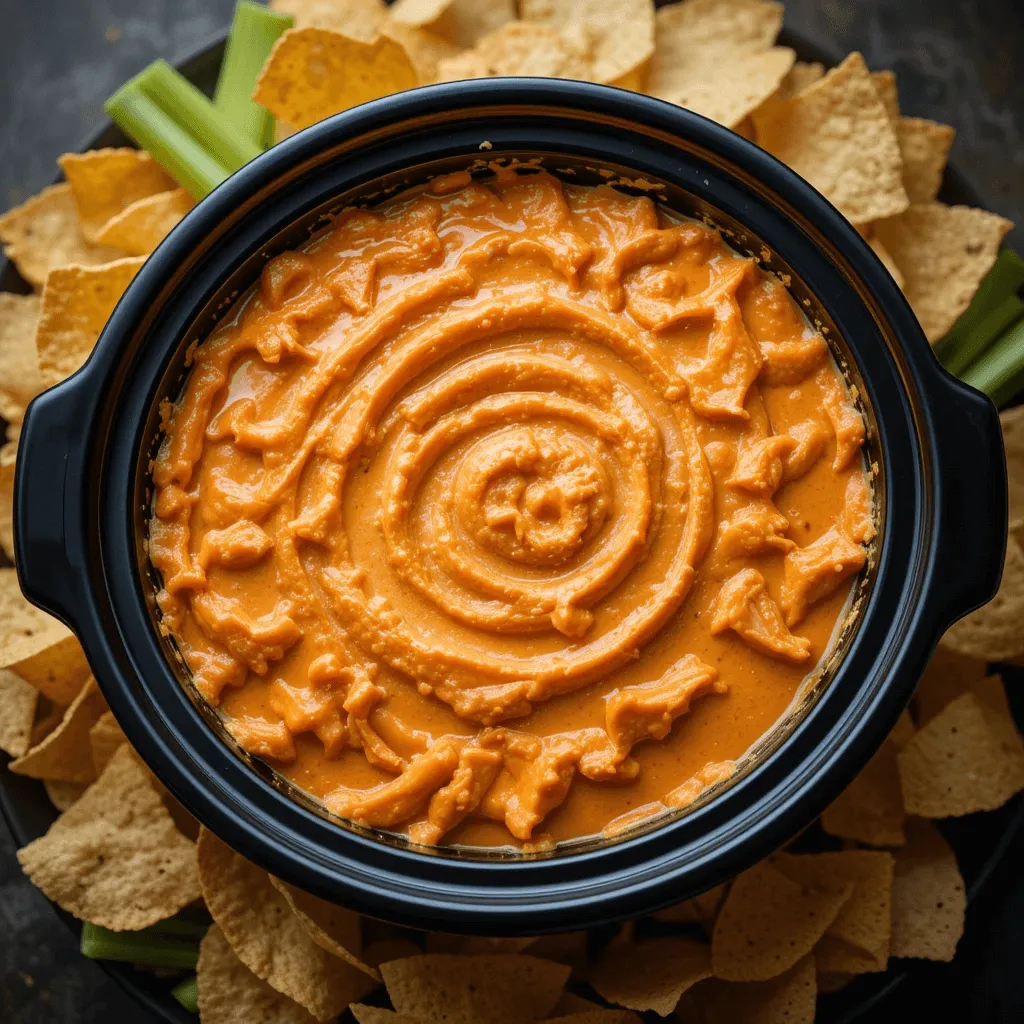 Slow-cooked buffalo chicken dip in a crockpot, served with tortilla chips and celery, showcasing melted cheese and buffalo sauce.