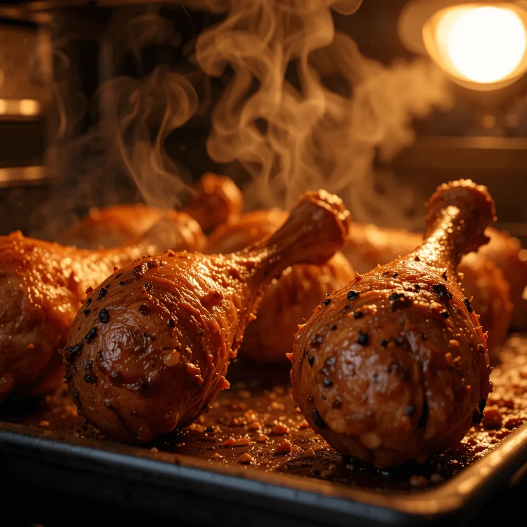 Crispy, golden-brown chicken drumsticks baking in the oven with steam rising.