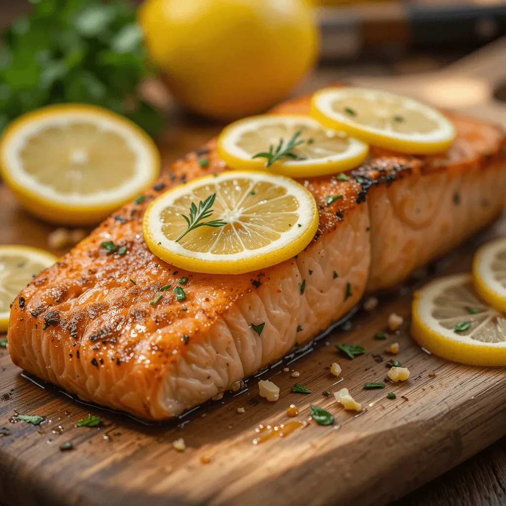 Golden-brown seared lemon garlic salmon fillet, garnished with lemon slices and fresh herbs on a wooden cutting board, with a warm, natural lighting.