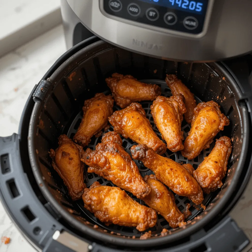 Chicken wings cooking in a Ninja Air Fryer at 400°F (200°C) for 20-25 minutes, showing crispy skin and juicy meat.