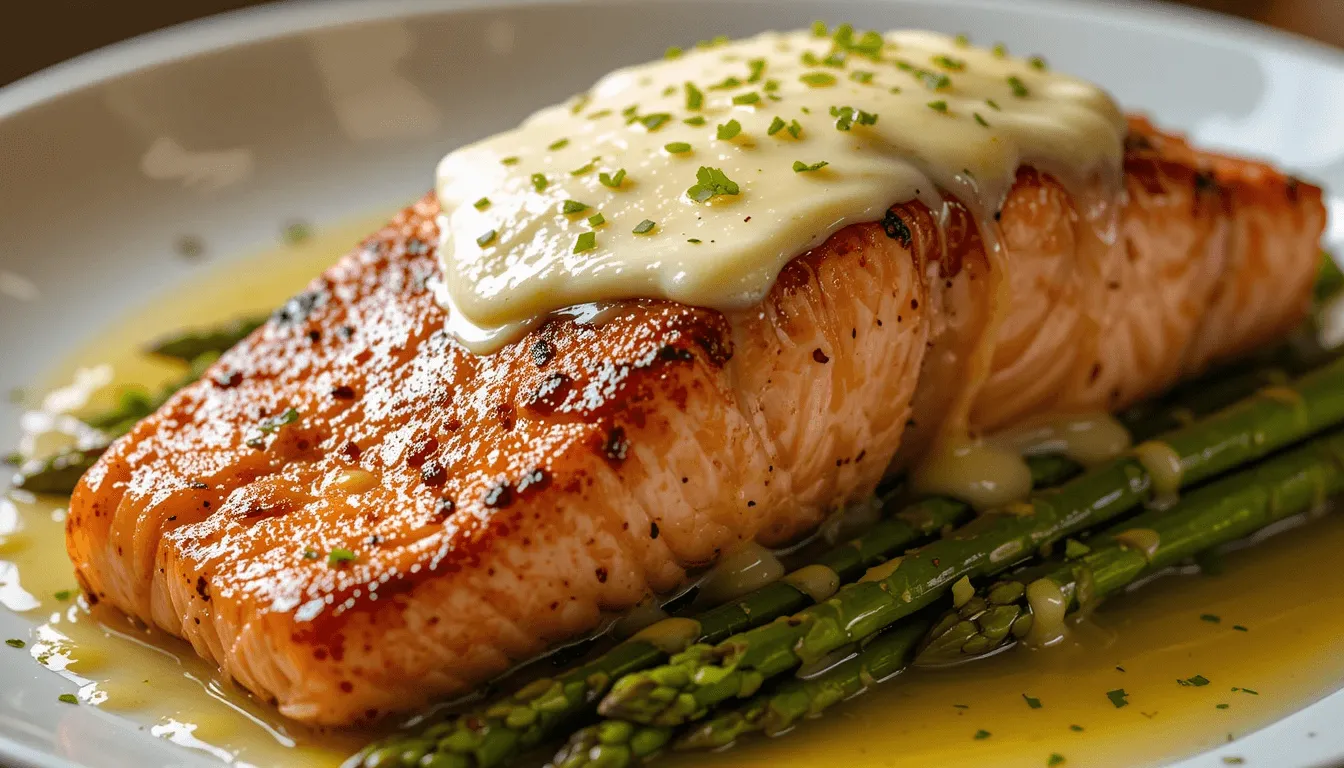 A perfectly cooked salmon fillet topped with creamy cheese, served over steamed asparagus, drizzled with lemon butter sauce.