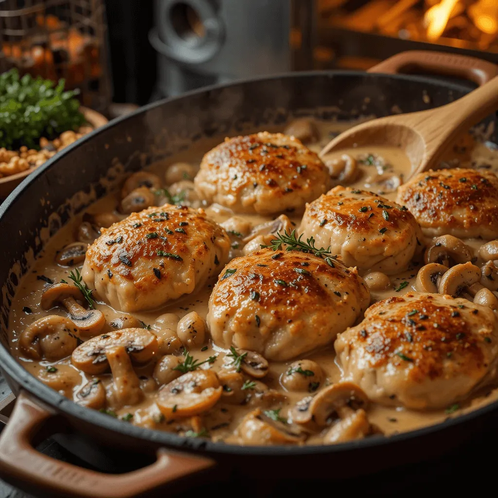 Creamy mushroom chicken thigh bake in a casserole dish with browned chicken, sautéed mushrooms, and a creamy garlic-thyme sauce.