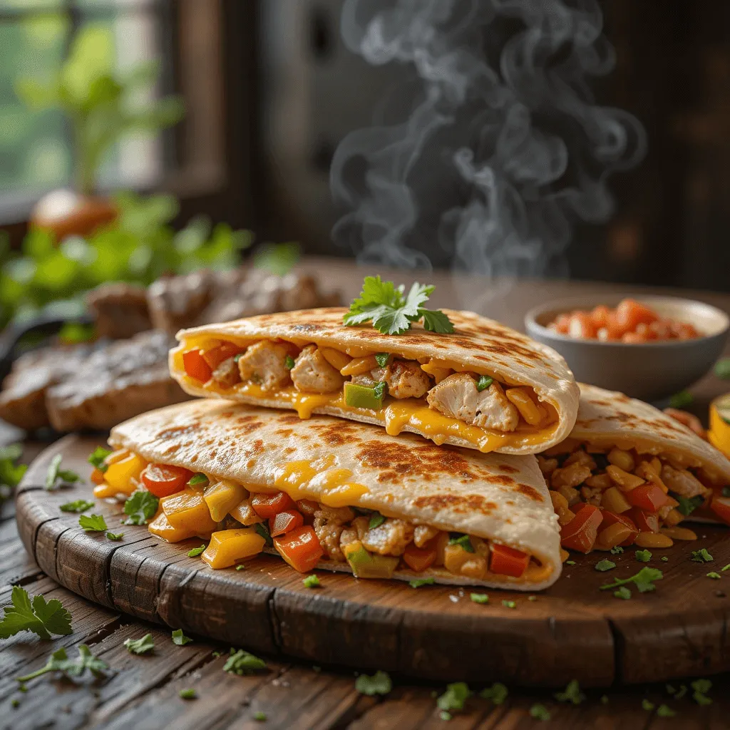 A chicken quesadilla on a rustic wooden table, with melted cheese, grilled chicken pieces, and colorful bell peppers. Fresh cilantro, avocado slices, and a bowl of salsa surround the quesadilla, with natural light streaming in.