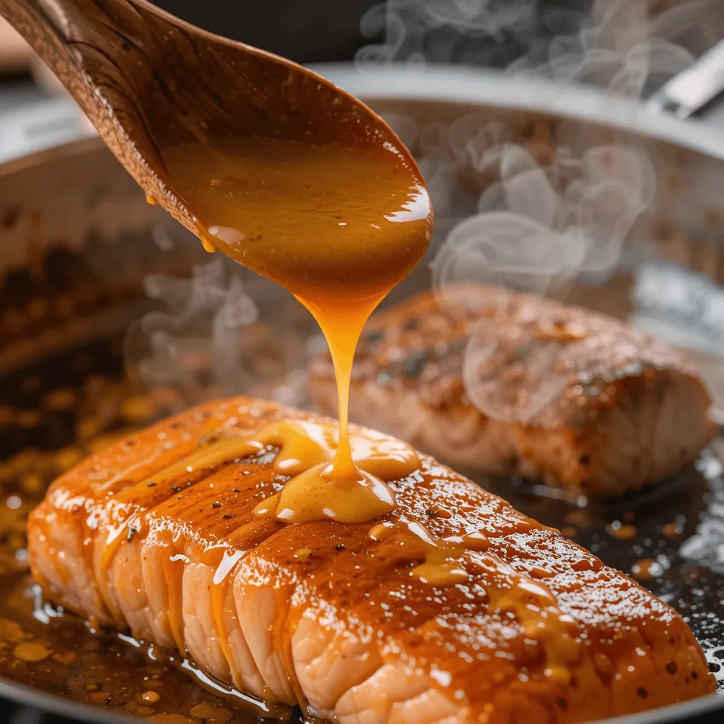 Thick and glossy honey garlic glaze being poured over salmon fillet.