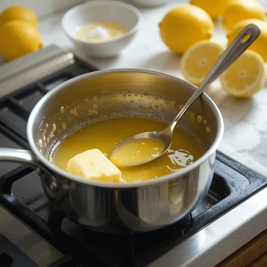 Making the perfect lemon butter sauce with fresh lemons, unsalted butter, and a pinch of salt, creating a rich and flavorful sauce for salmon.