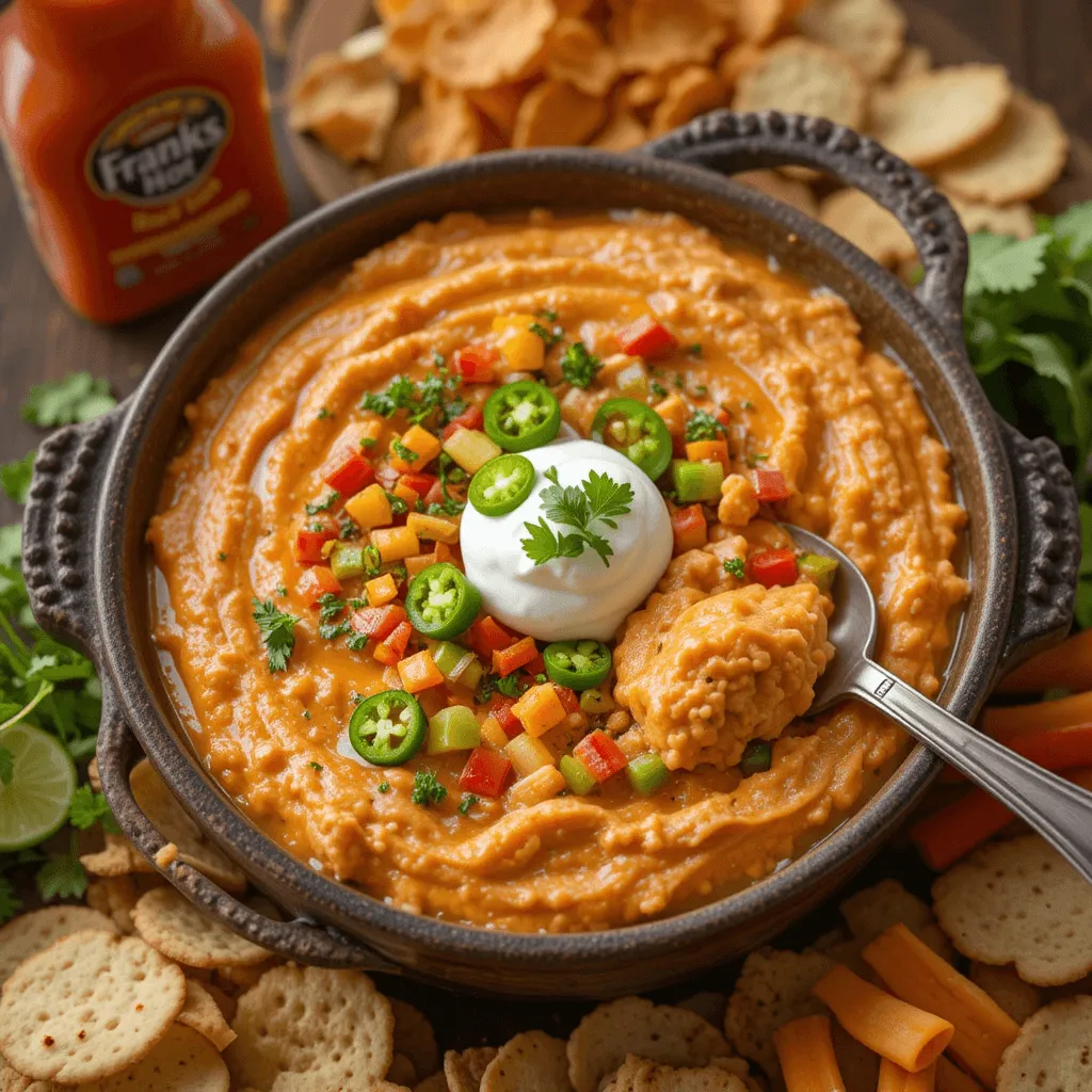 Frank's RedHot Buffalo Chicken Dip with diced jalapenos, bell peppers, lime juice, and sour cream, served in a rustic dish with fresh herbs