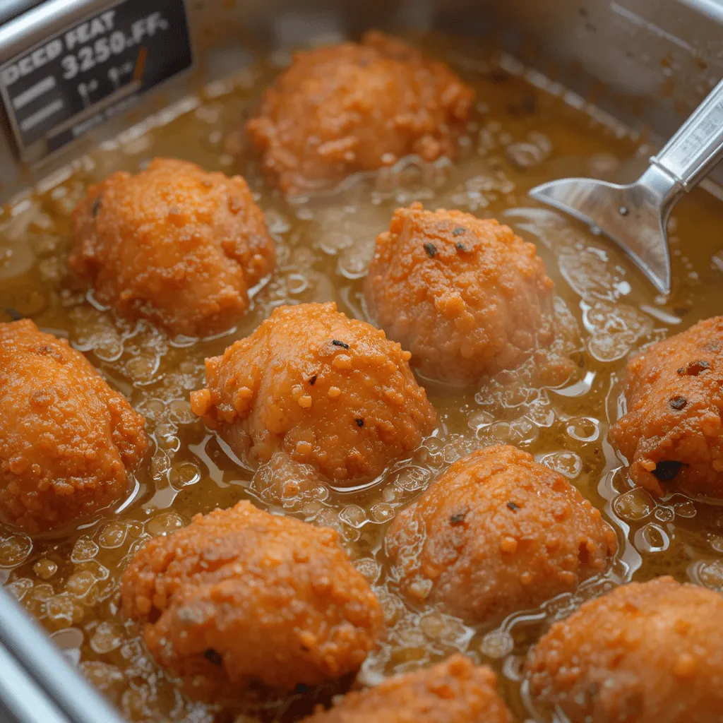 Deep frying Nashville hot chicken, with sizzling pieces in golden oil and a thermometer showing the ideal temperature range.