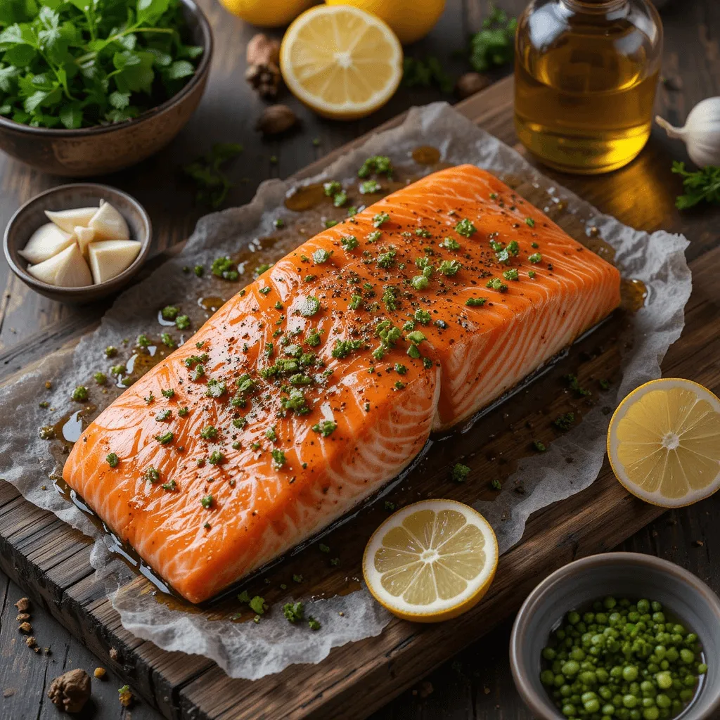 Salmon fillet marinated in soy sauce and lemon juice, surrounded by fresh herbs, garlic, and lemon slices, ready for baking.