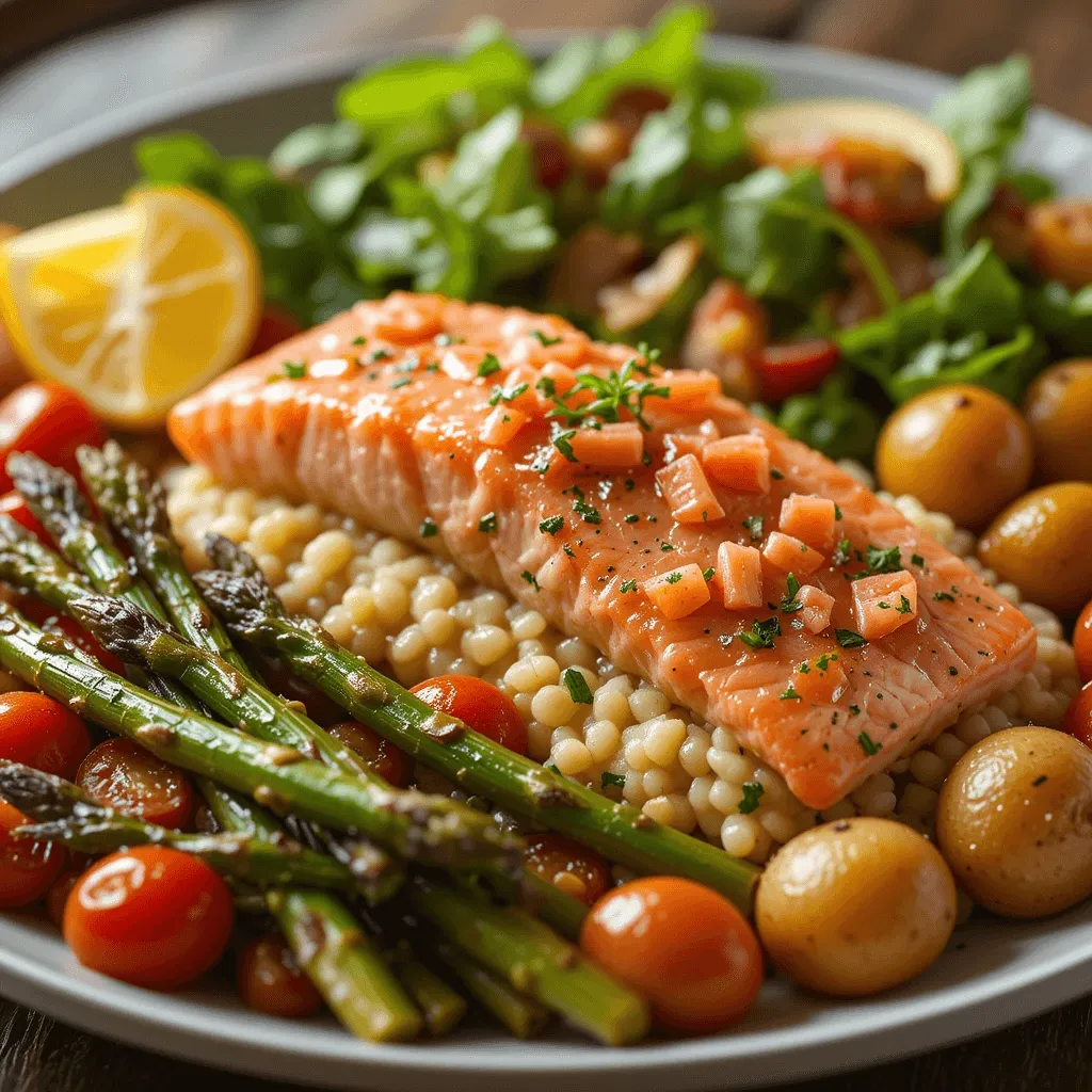 Lemon butter salmon served with roasted asparagus, sautéed spinach, quinoa salad, and roasted potatoes, offering a variety of textures and flavors.