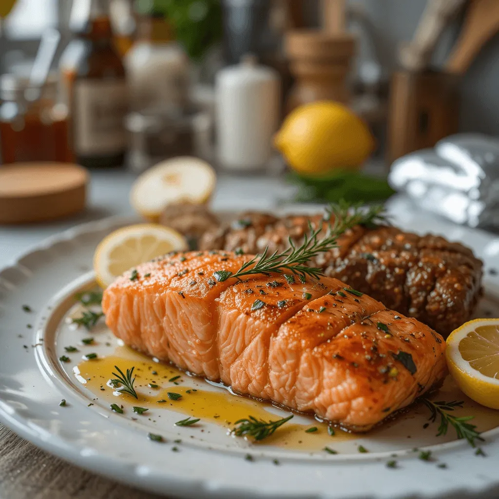 A perfectly cooked, moist salmon fillet garnished with lemon and dill, showcasing moisture-retention techniques.