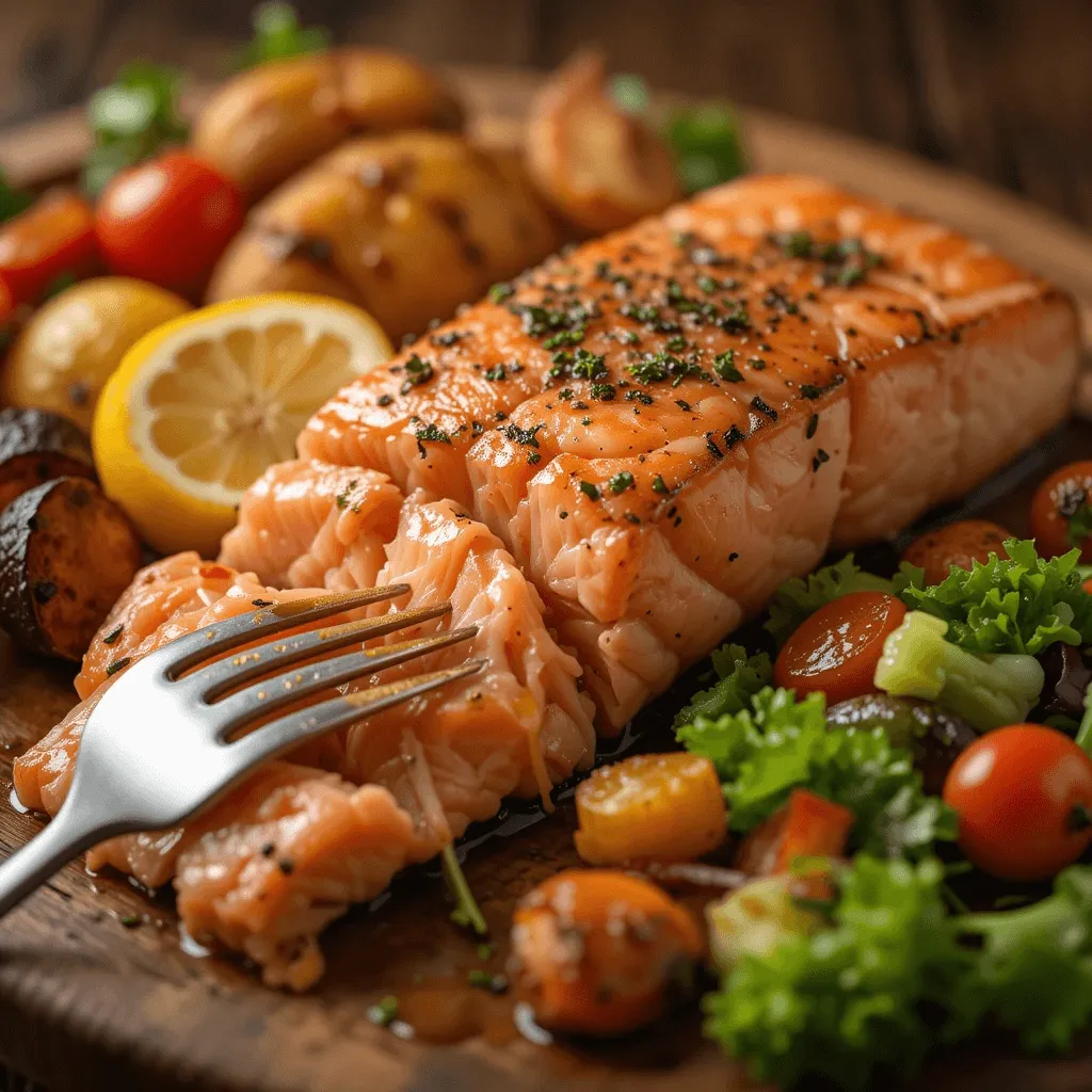 A perfectly baked salmon fillet flaked with a fork, served with roasted vegetables, salad, and a squeeze of lemon on a rustic wooden board.