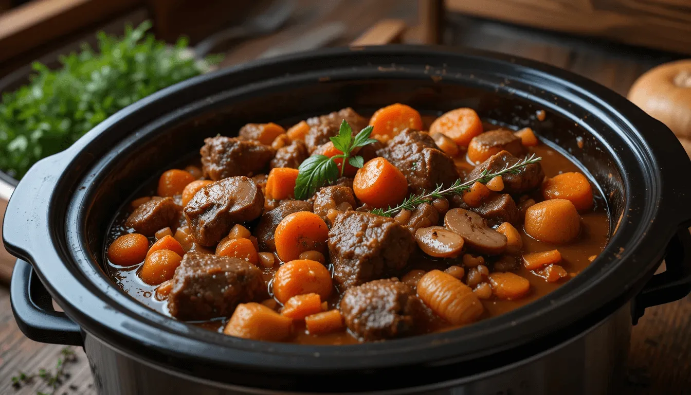 Slow cooker beef bourguignon with tender beef, mushrooms, and carrots in a red wine sauce.