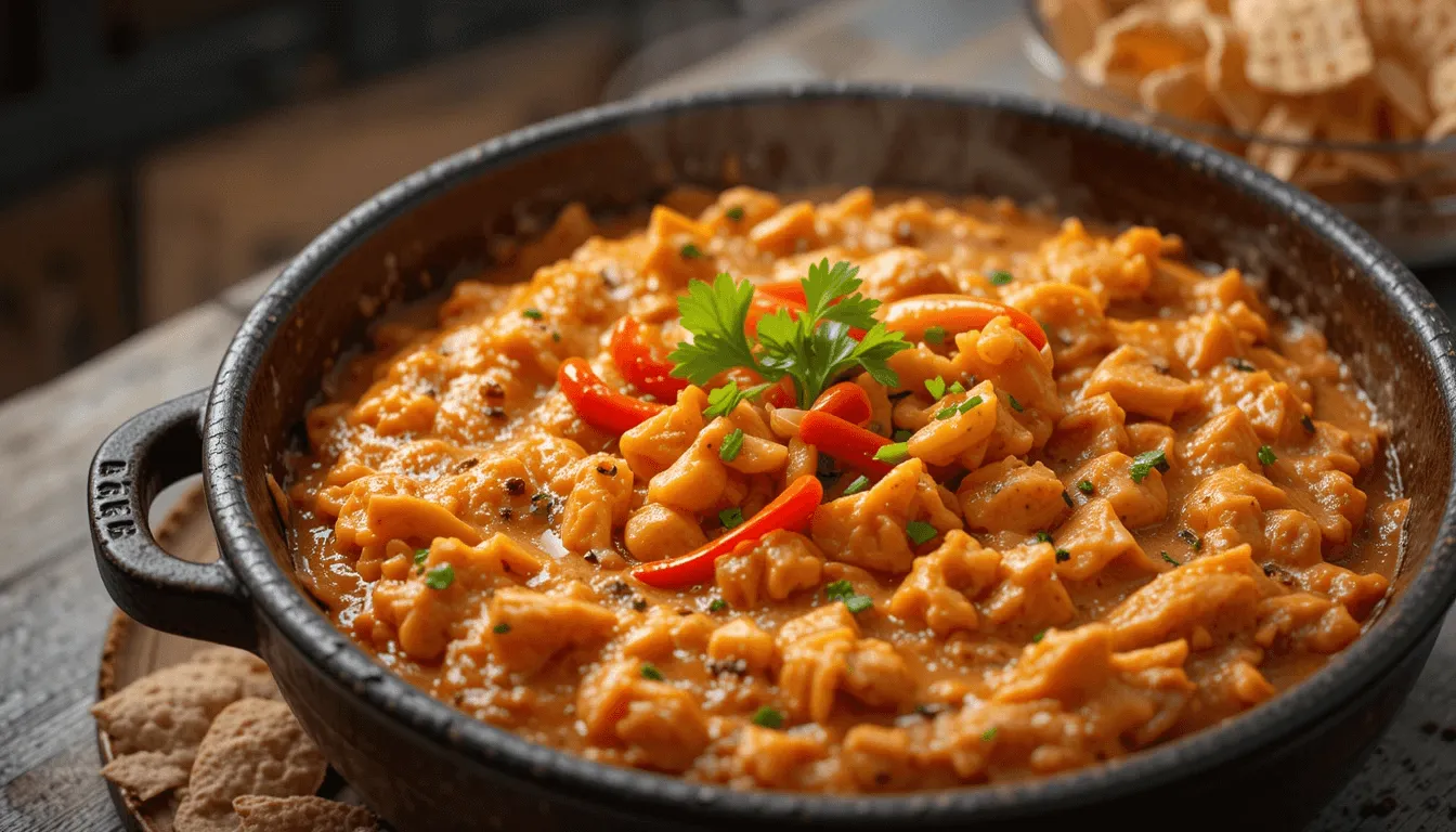 Buffalo chicken wing dip in a rustic bowl, topped with melted cheese and buffalo sauce, served with tortilla chips and celery sticks.