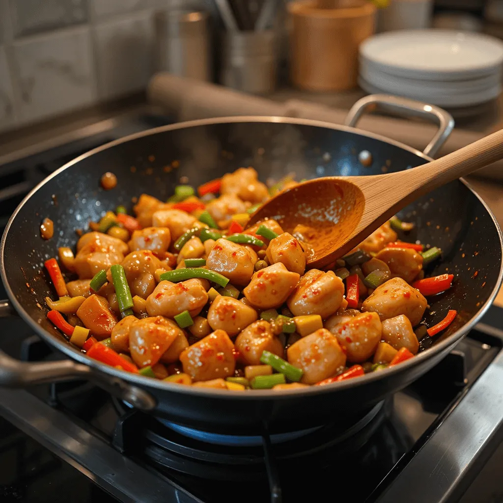 A sizzling wok with chicken, bell peppers, onions, and garlic, being stir-fried in hot oil, with sweet and sour sauce simmering to perfection, ready to serve over rice or noodles.