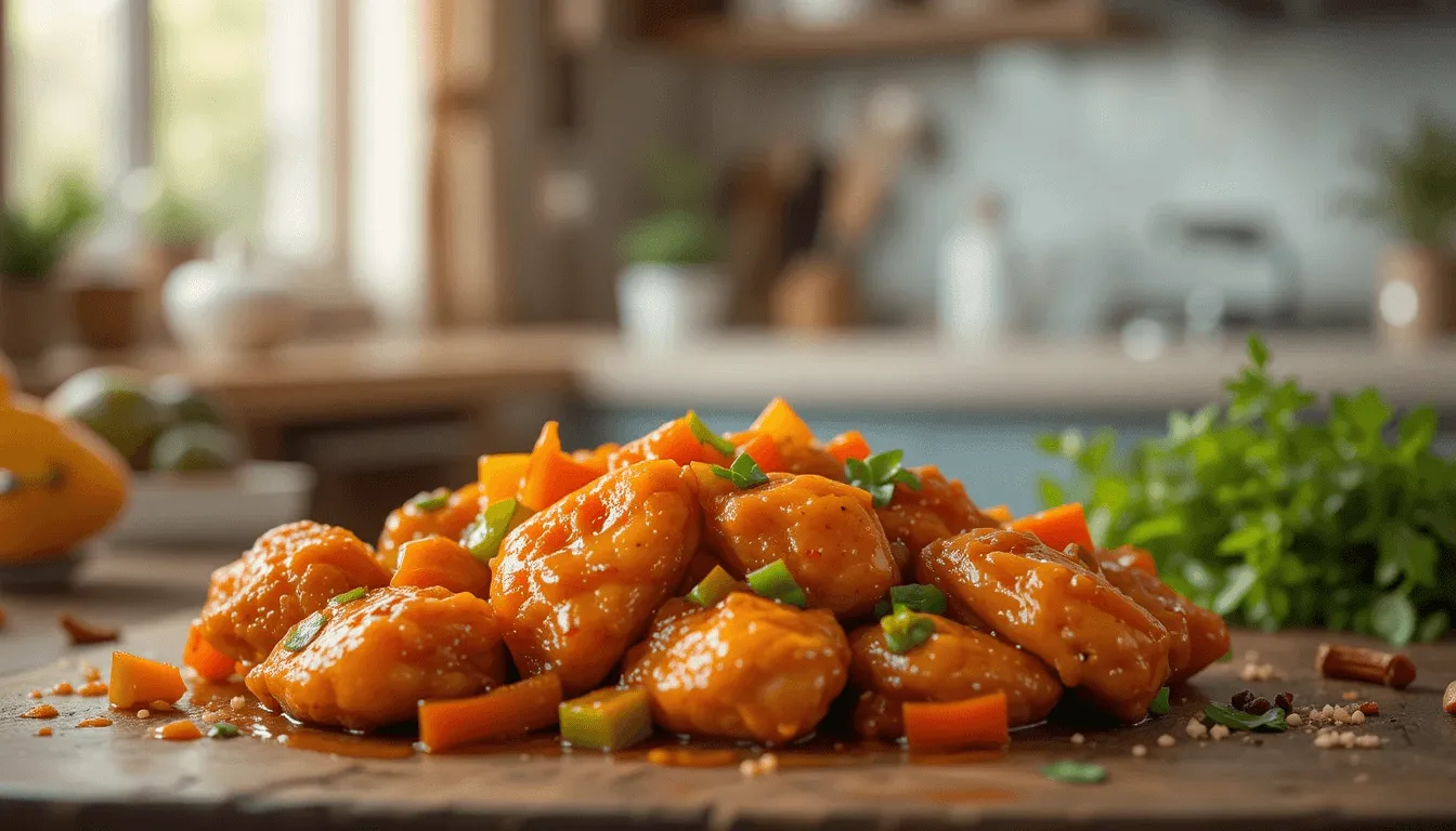 A plate of juicy chicken coated in glossy sweet and sour sauce, garnished with bell peppers and onions, set on a rustic wooden table with a warm, inviting kitchen background.