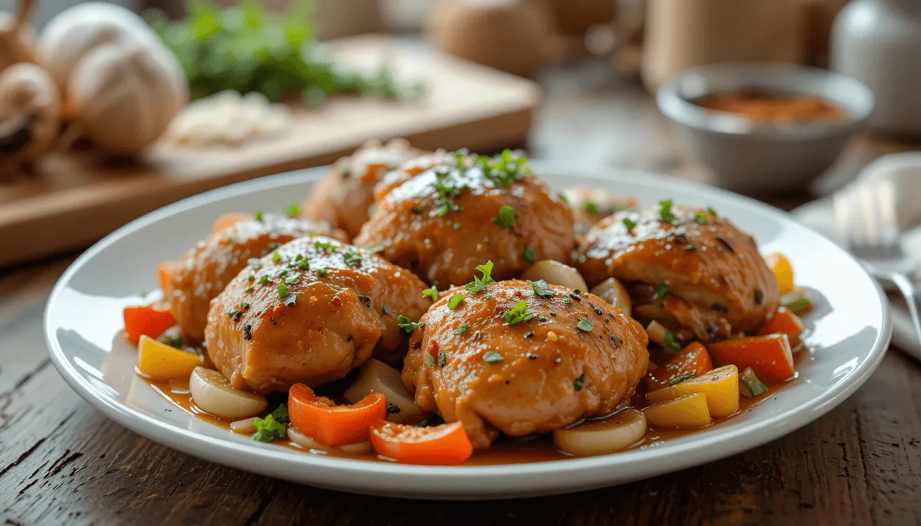 Simple and delicious chicken thigh dinner with fresh vegetables, garlic, onions, and bell peppers, served on a rustic wooden table.