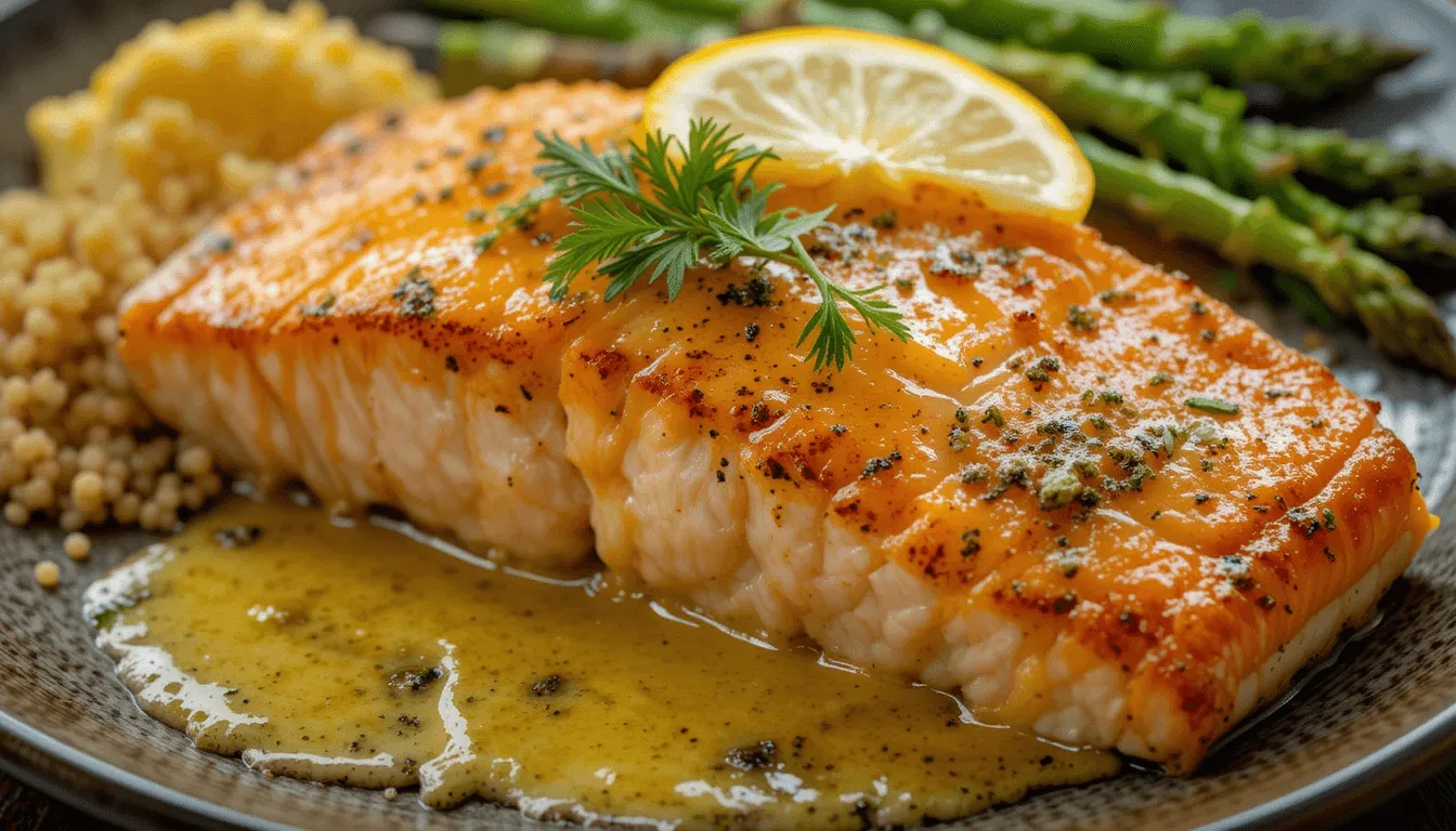 A golden-seared lemon butter salmon fillet, drizzled with a rich, glossy butter sauce, garnished with fresh dill and lemon slices, served with roasted asparagus and quinoa.