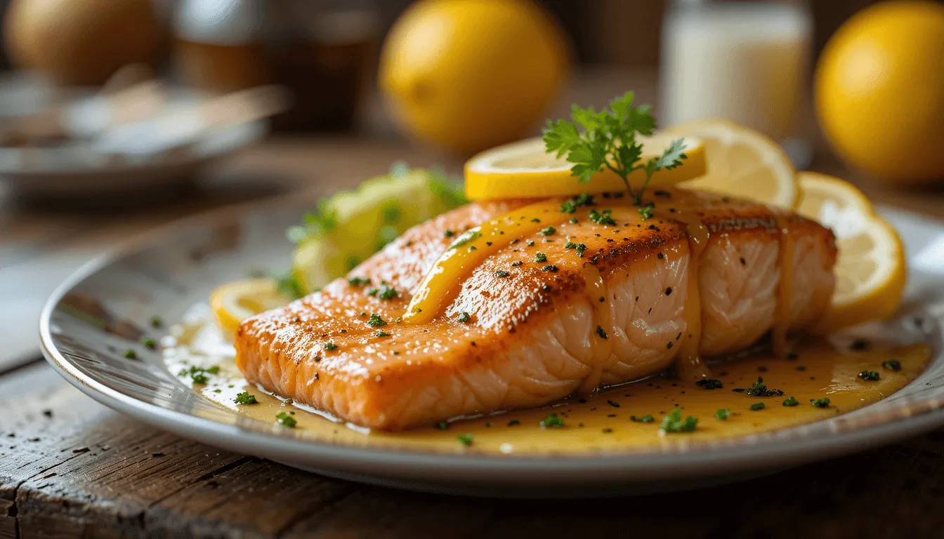 Perfectly seared lemon garlic salmon fillet garnished with fresh lemon slices and parsley, drizzled with a rich, golden garlic sauce.