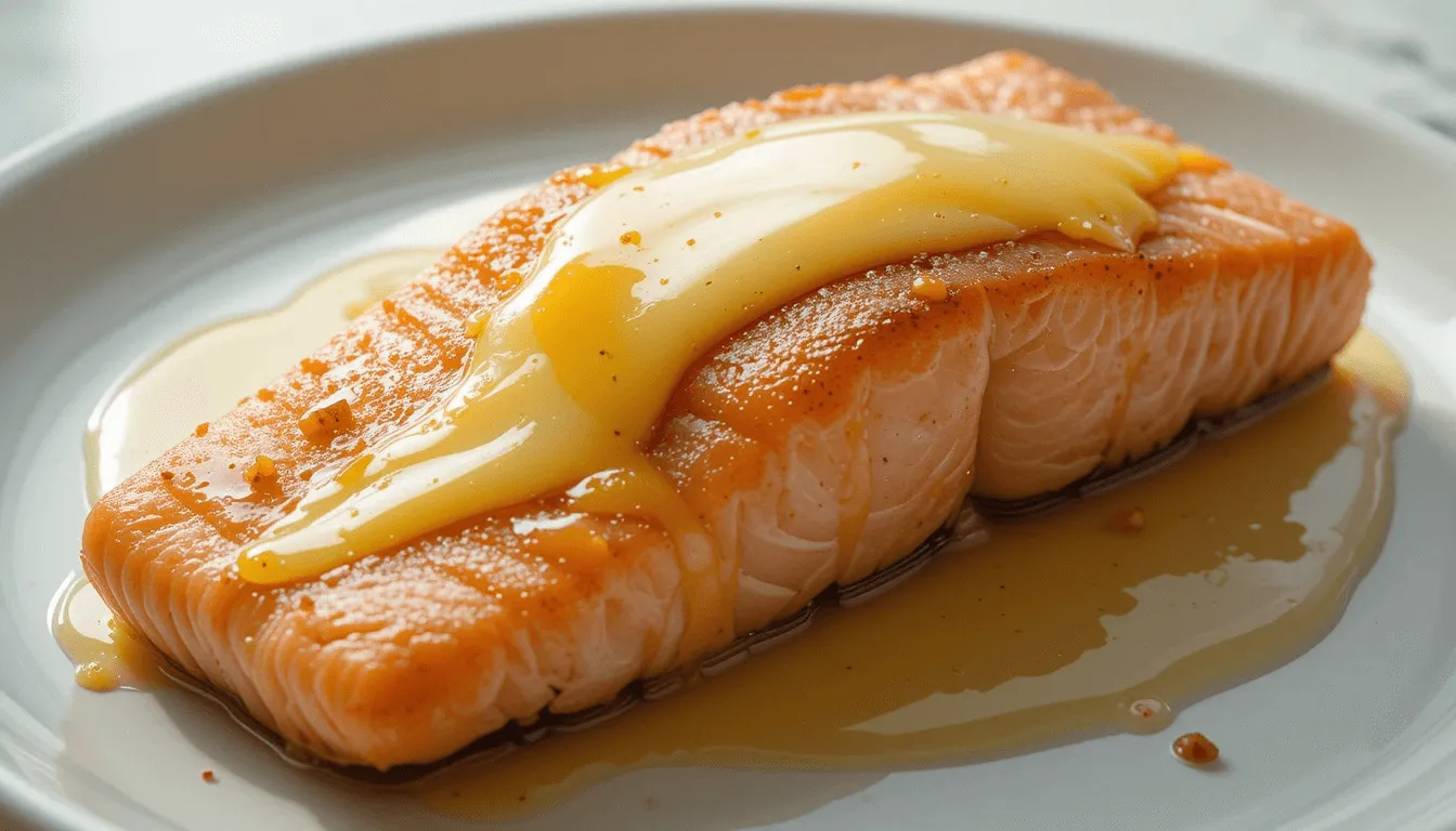 Simple yet elegant lemon sauce poured over a succulent salmon fillet, with a creamy, tangy finish. The salmon is served on a clean, white plate with natural lighting.