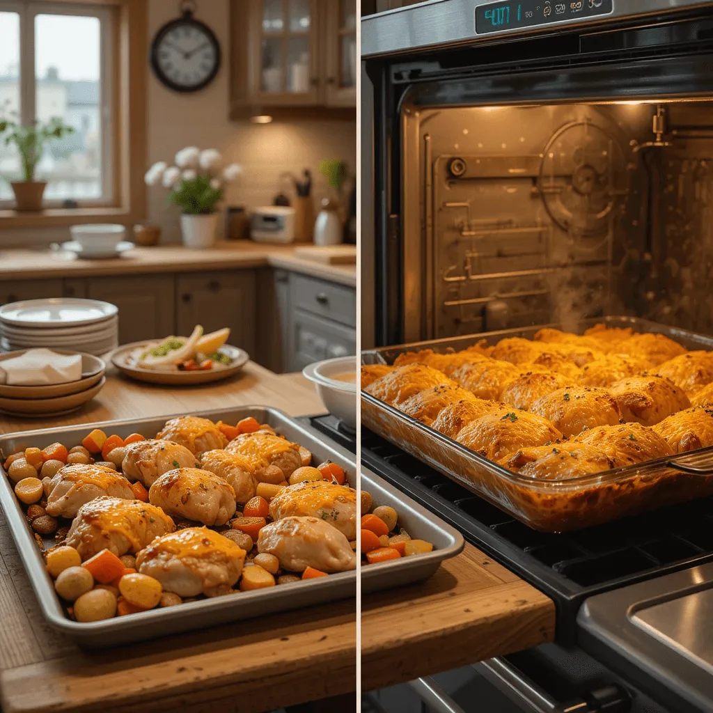 Oven-baked chicken thigh dinner ideas with a sheet pan meal of chicken, potatoes, carrots, and onions, and a bubbling chicken thigh casserole.