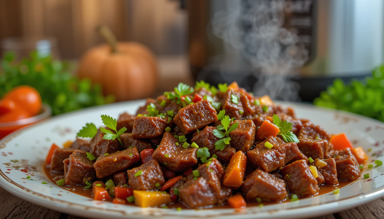 Slow cooker filled with tender diced beef and vegetables, showcasing the ease and comfort of slow cooking.