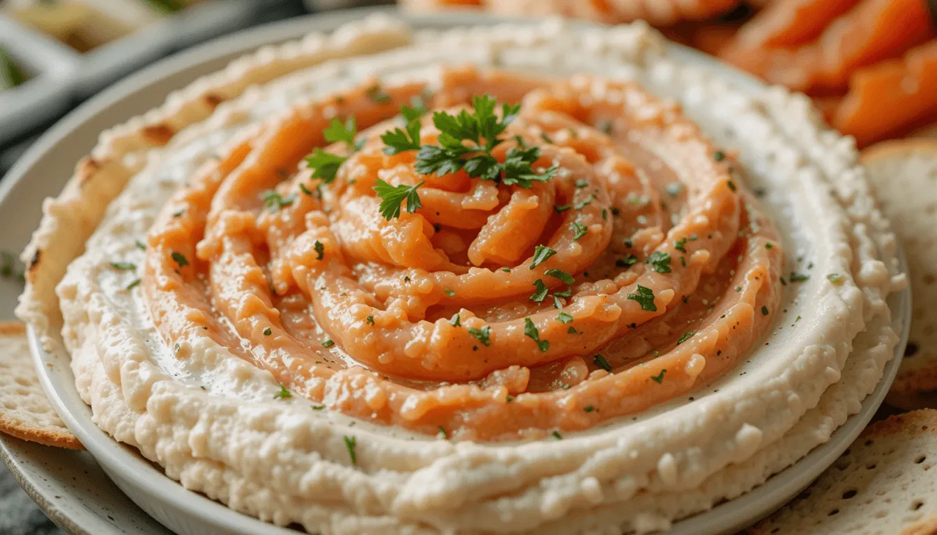 Smoked salmon dip in a glass bowl, garnished with dill, lemon, and capers, surrounded by crackers, vegetables, and herbs.