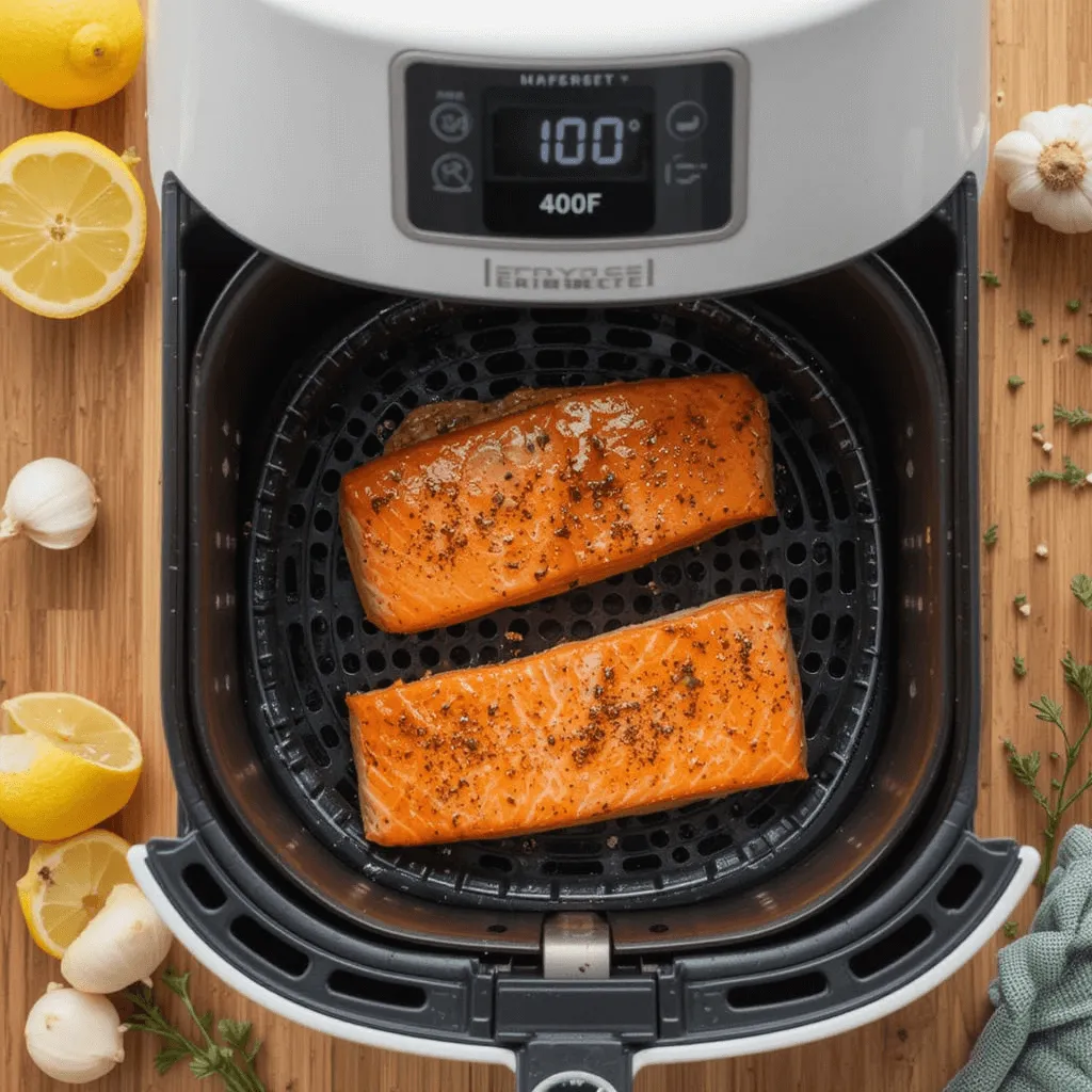 Golden-crusted salmon fillet cooking in an air fryer at 400°F, with herbs and lemon slices nearby.