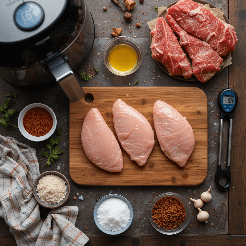 Essential equipment and fresh ingredients for cooking air fryer chicken breast, including a digital meat thermometer, spices, and an air fryer.