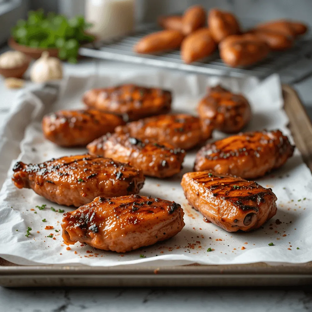 Essential kitchen tools for baking crispy chicken wings, including a baking sheet, wire rack, meat thermometer, and mixing utensils.