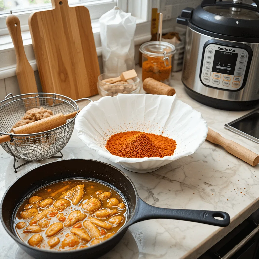 Essential kitchen equipment for making Nashville hot chicken: cast-iron skillet with sizzling oil, wire mesh strainer, spice blend, wooden cutting board, and a stainless steel pressure cooker.