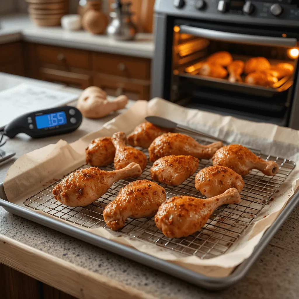 Essential tools for baking chicken drumsticks, including a baking sheet, wire rack, meat thermometer, and tongs, set in a well-lit kitchen.