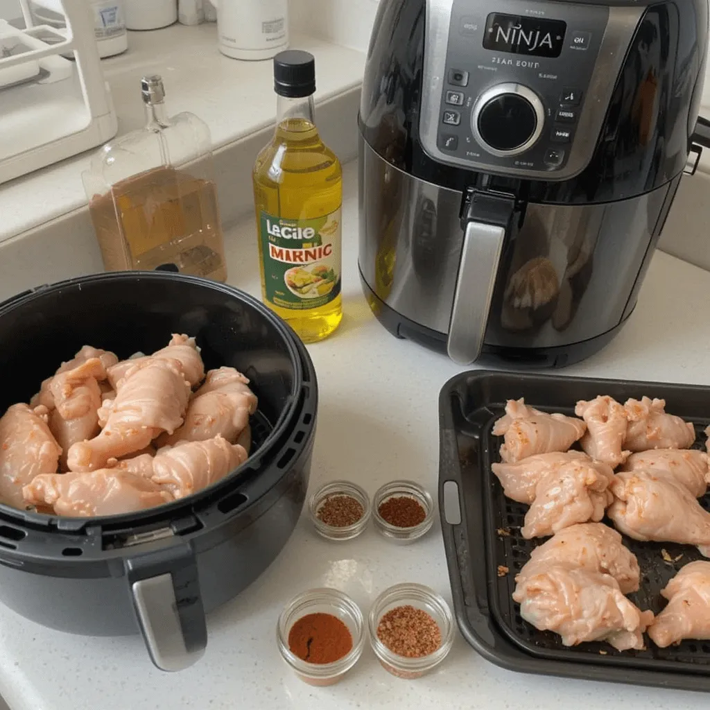 Essential ingredients for Ninja Air Fryer chicken wings: chicken wings, cooking oil, salt, garlic powder, paprika, chili powder, Ninja Air Fryer, marinating bowl, and cooking tray.