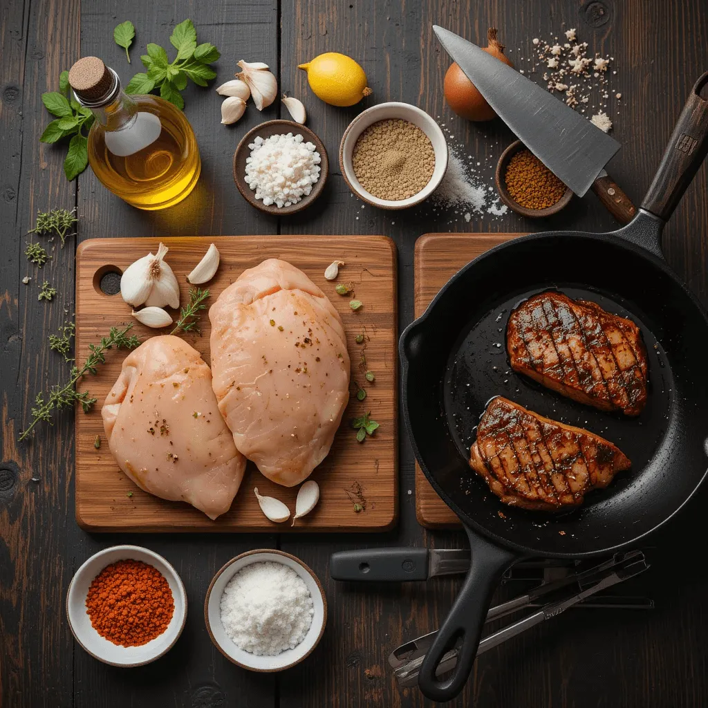 Top-down view of fresh chicken breasts, olive oil, garlic, and Mexican spices with a skillet and cooking tools on a rustic wooden surface.