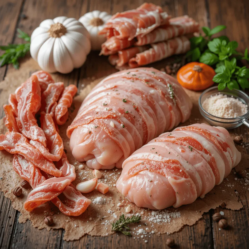 Essential ingredients for bacon-wrapped chicken breast: chicken breast, bacon, and seasonings like garlic and herbs, displayed on a rustic wooden countertop.