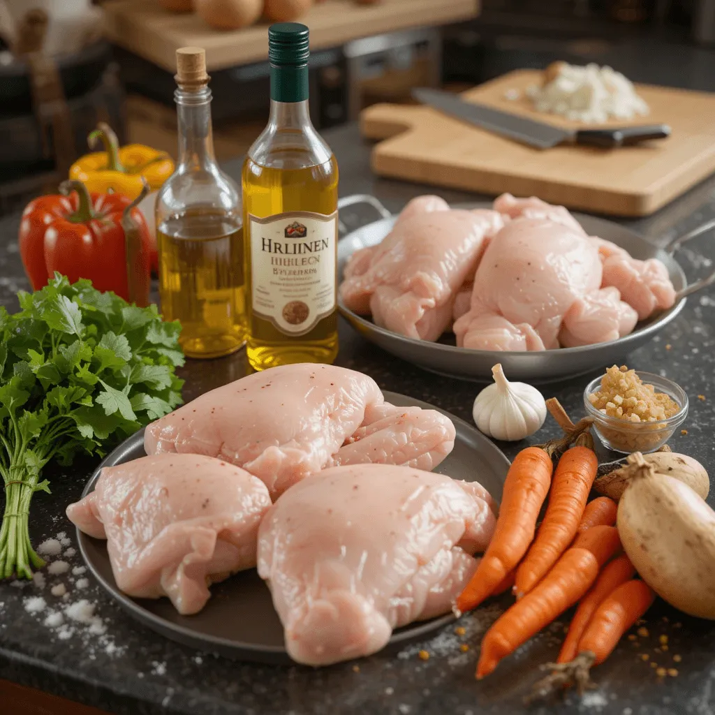 Essential ingredients for chicken thigh dinner recipes with few ingredients: chicken thighs, olive oil, salt, pepper, onions, garlic, and vegetables.