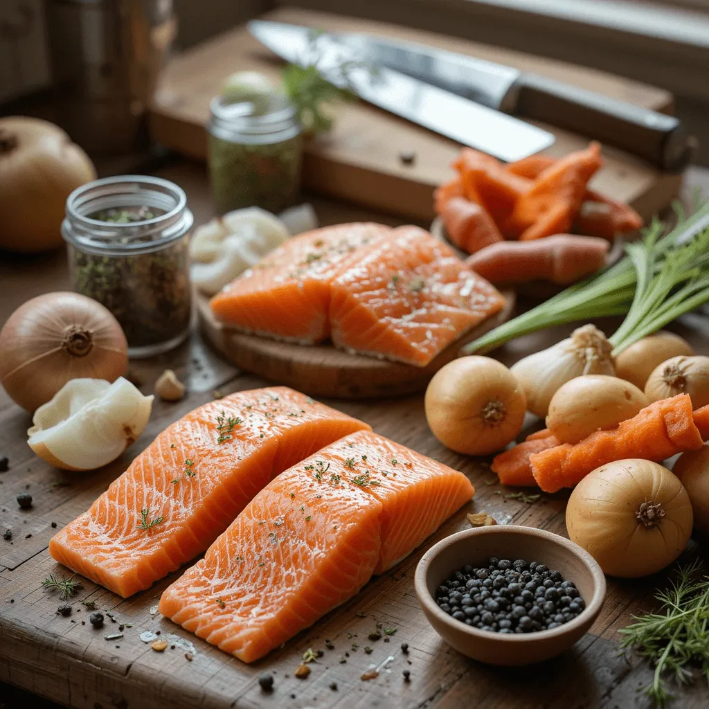 Essential ingredients for Finnish salmon soup: fresh salmon, onions, carrots, potatoes, dill, and black pepper.